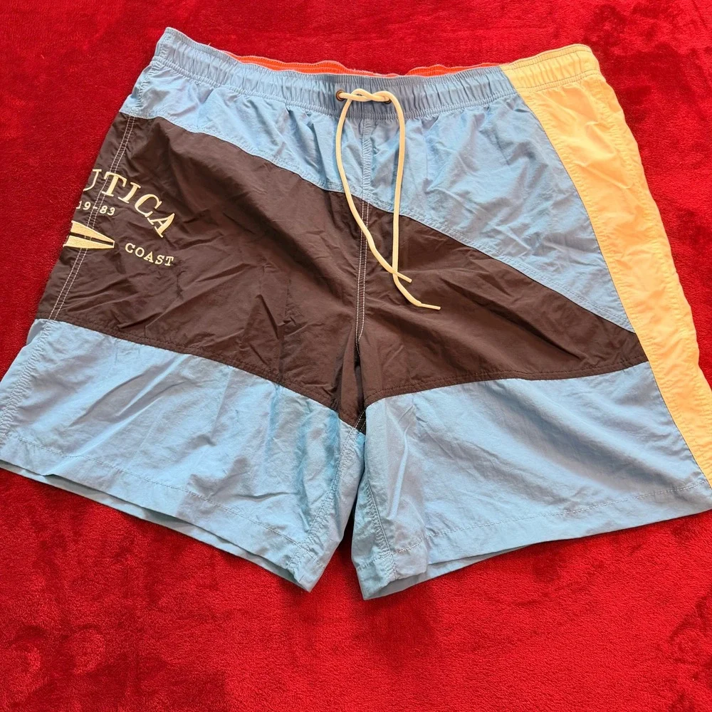 Nautica Mens XXL Swim Trunks North‎ Coast Colorblock Blue Navy Mesh Lined Shorts